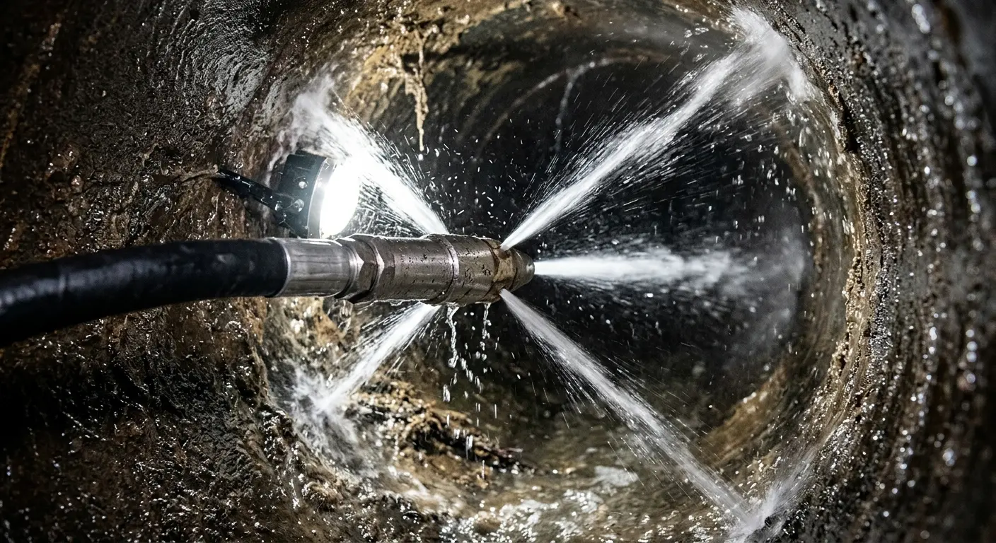 High-pressure hydro jetting nozzle cleaning sewer pipe for Trenchless Sewer Repair in Highland Heights