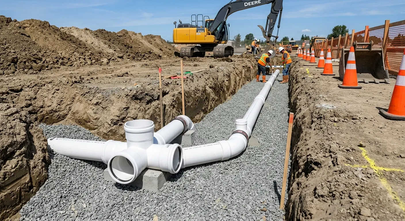 New PVC sewer pipe installation in open trench for Sewer Backup in Highland Heights