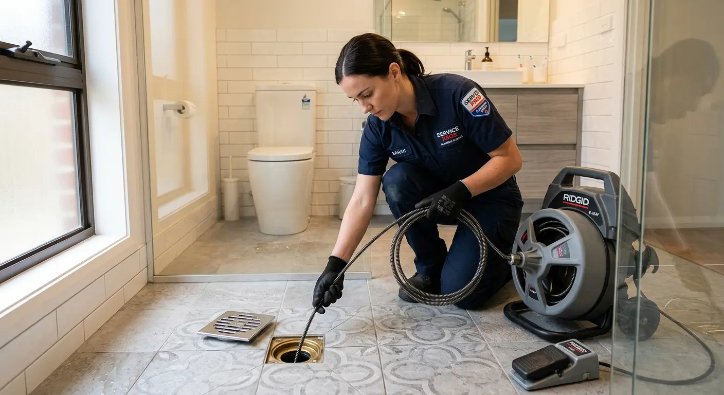Technician clearing a bathroom floor drain for Hydro Jetting in Highland Heights
